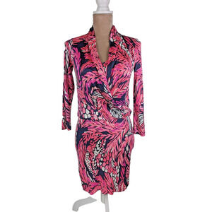 Lilly Pulitzer Felizia Pink Navy Silk Dress A Jungle In Here Women XXS Mob Wife
